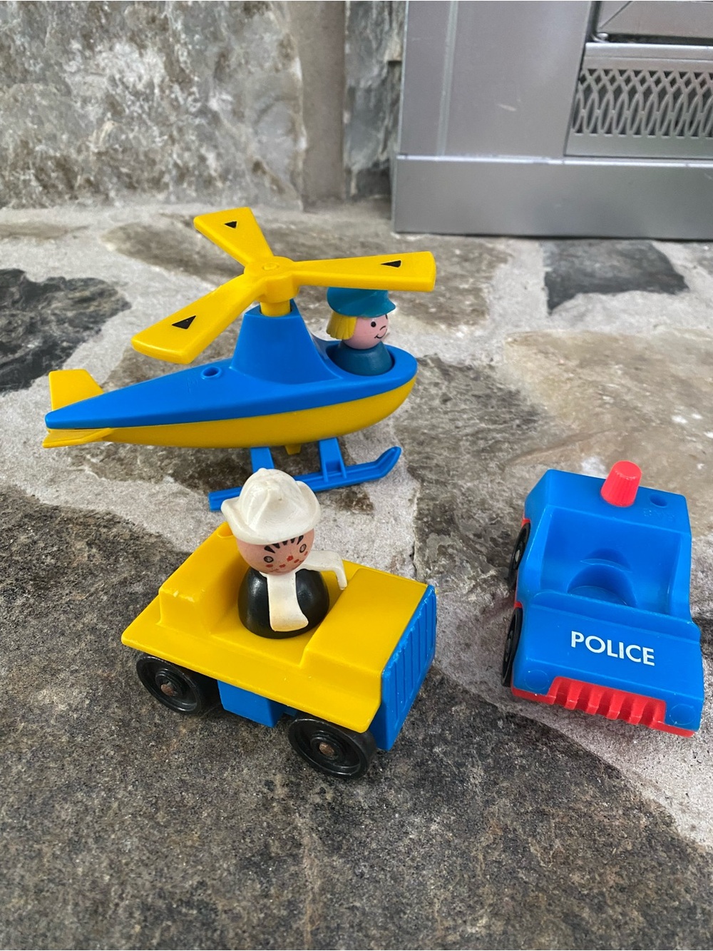 Vintage Fisher Price Little People police car, helicopter set
